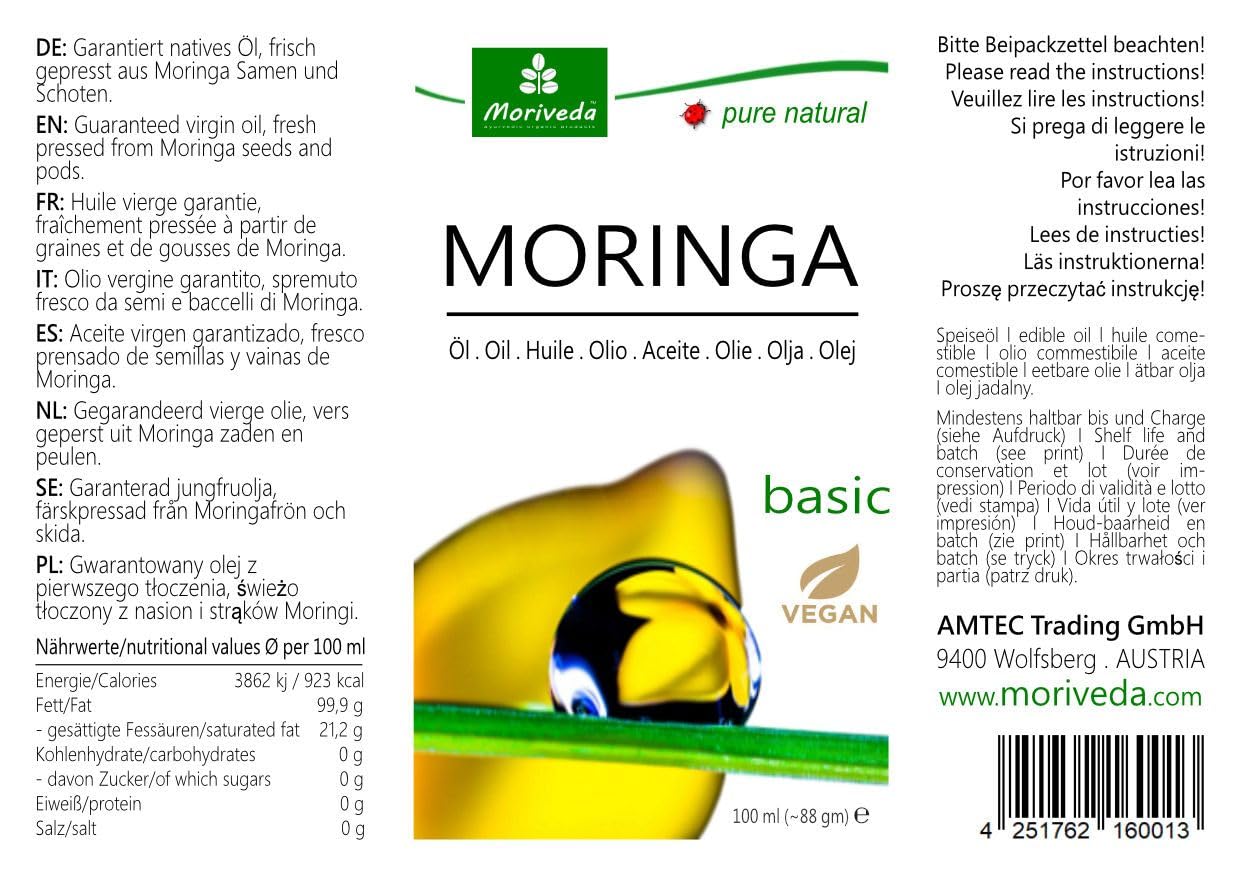 Olio di Moringa Basic 300ml - spremuto a freddo da semi e baccelli di oleifera - cura della pelle cura dei capelli cura delle ferite anti-invecchiamento - olio commestibile - olio di behen da MoriVeda