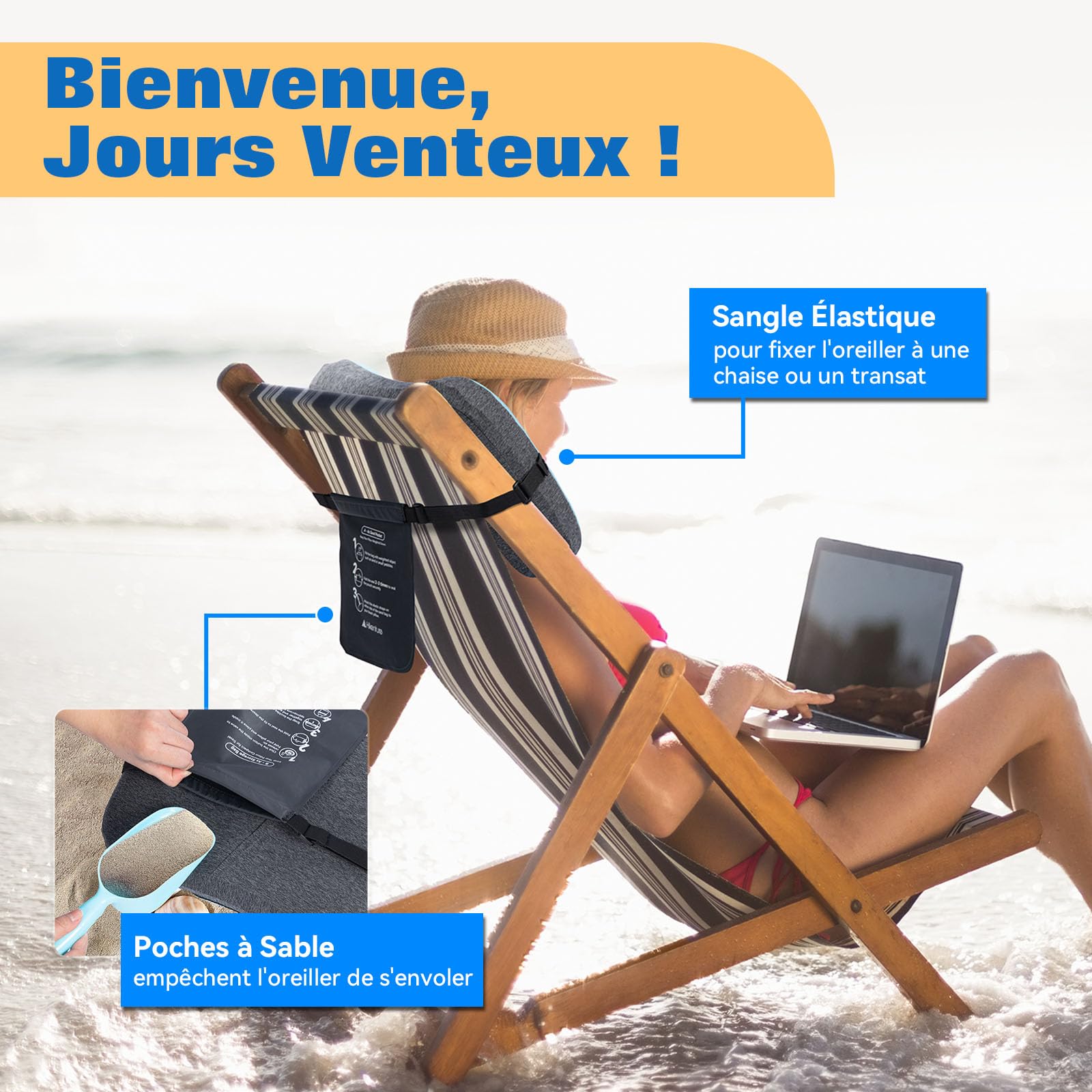 HIKENTURE Coussin de Plage Gonflable avec Taie Rafraîchissante - Compact | Ergonomique avec Tissu Frais Amovible, Fixation Élastique et Sac de Sable - Oreiller de Plage pour Camping, Piscine et Voyage