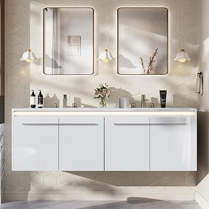 AMERLIFE 60" LED Floating Bathroom Double Vanity with Sink Combo, Modern High Gloss Wall Mounted Bathroom Storage Cabinet with 3 Hole Sink & & Metal Handles & Soft Closing Doors, White