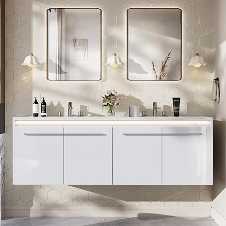 AMERLIFE 60" LED Floating Bathroom Double Vanity with Sink Combo, Modern High Gloss Wall Mounted Bathroom Storage Cabinet with 3 Hole Sink & & Metal Handles & Soft Closing Doors, White