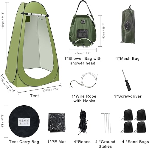 Miniatura 8 de Tienda de campaña portátil de privacidad, kit de tienda de ducha al aire libre con bolsa de ducha de 5 galones (boquilla mejorada) Verde,Negro