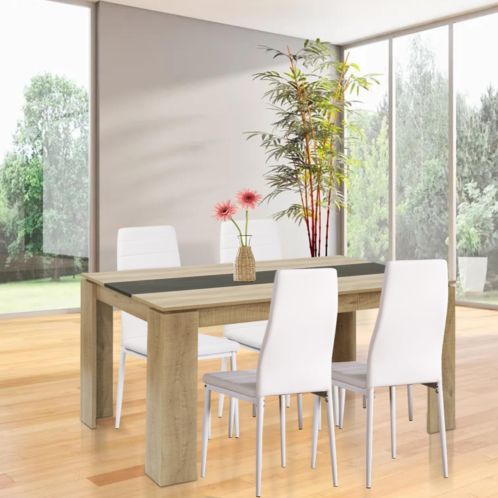 Esstisch mit 4 Stühlen Esszimmergruppe, 4er Set Esszimmerstühle und Rechteckig Holztisch Essgruppe für Wohnzimmer Küche Büro (160 * 80cm Tisch+4 Weiß Stühle)