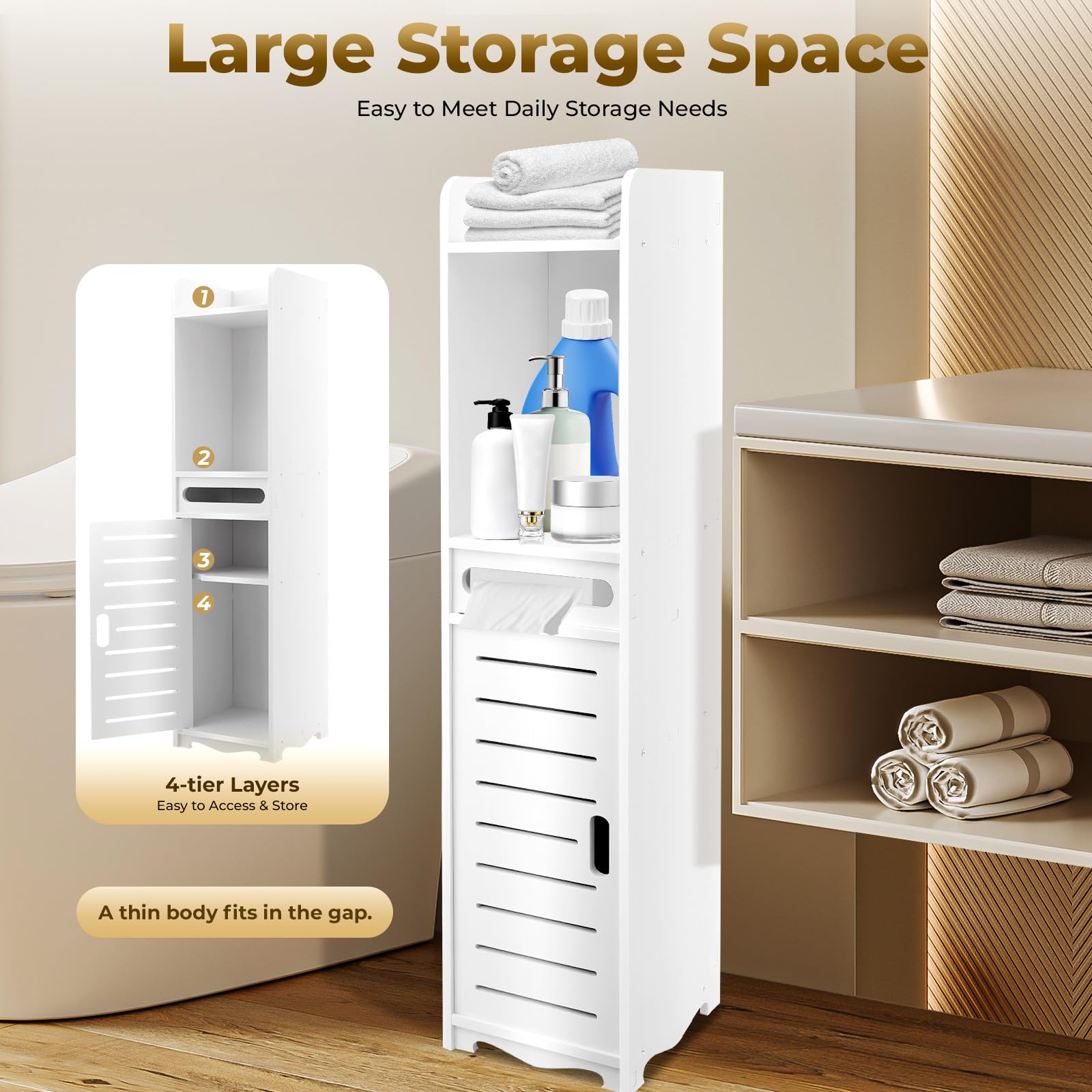 Armario De Baño De 20 X 20 X 80 Cm, Armario De Pie Multifuncional Para Ahorrar Espacio En Baño, Cocina, Dormitorio, Color Blanco