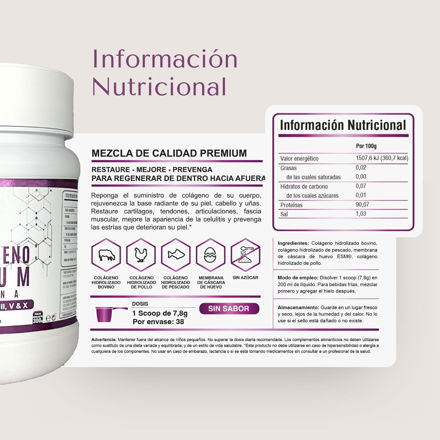 Colágeno en Polvo 300g Multi Colageno Premium MO4T Tipos I, II, III, V y X Bovinos Alimentados con Pasto