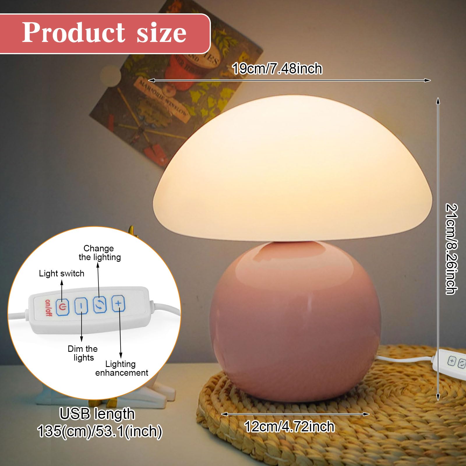 Pilz Nachttischlampe Dimmbar – Keramikbasis, 21 Cm Hoch, 3 Lichtfarben, Rosa