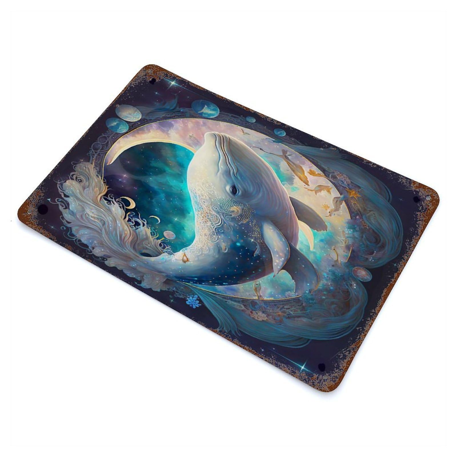 Vintage Metal Tin Sign with Celestial Whale Design 11.8"x7.9", for Living Room, Hallway And Home Decor, Retro Wall Decor