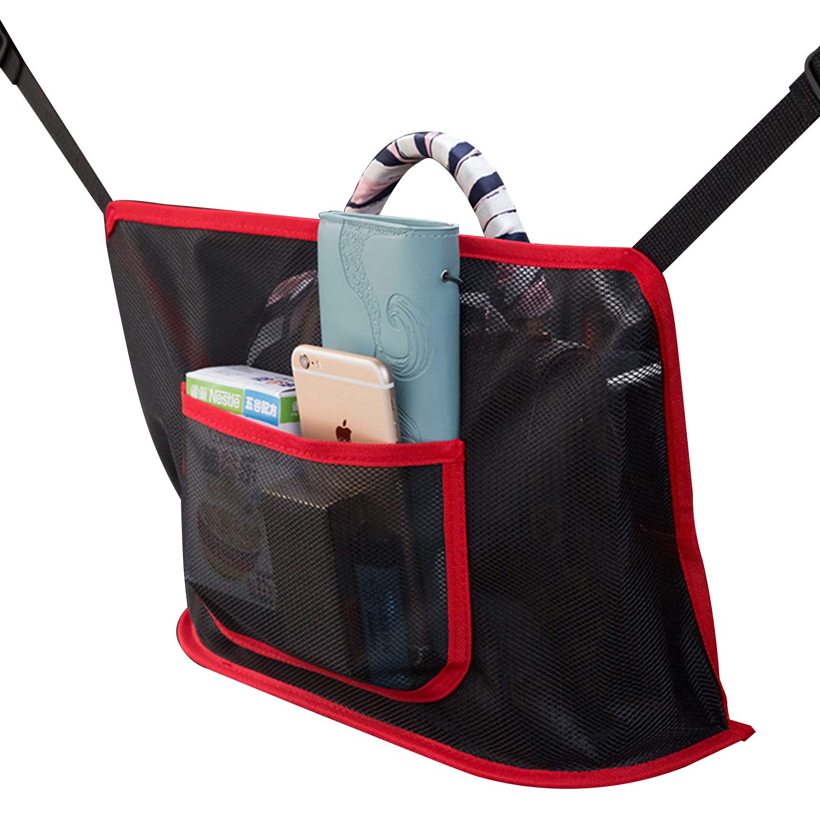 Car Net Pocket Organizer Handbag Holder Car Mesh Organizer Mesh Front Seat Arm Rest Organizer Seat Back Net Bag, Pets Kids Barrier Disturb Stopper (Red with Pocket)