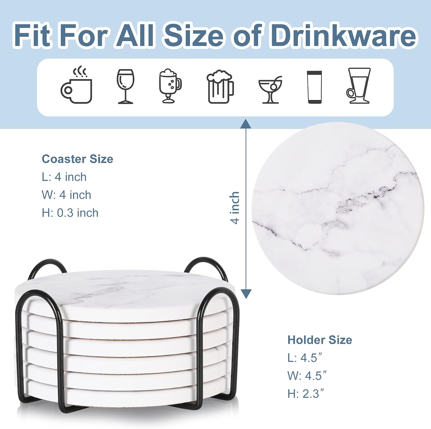 Absorbent Coasters for Drinks,Ceramic Coaster Set of 6 with Holder, Durable Cup Coaster for Coffee Table with Cork Base for Table Protection, Housewarming Birthday Gifts, Home Decor (White Marble)