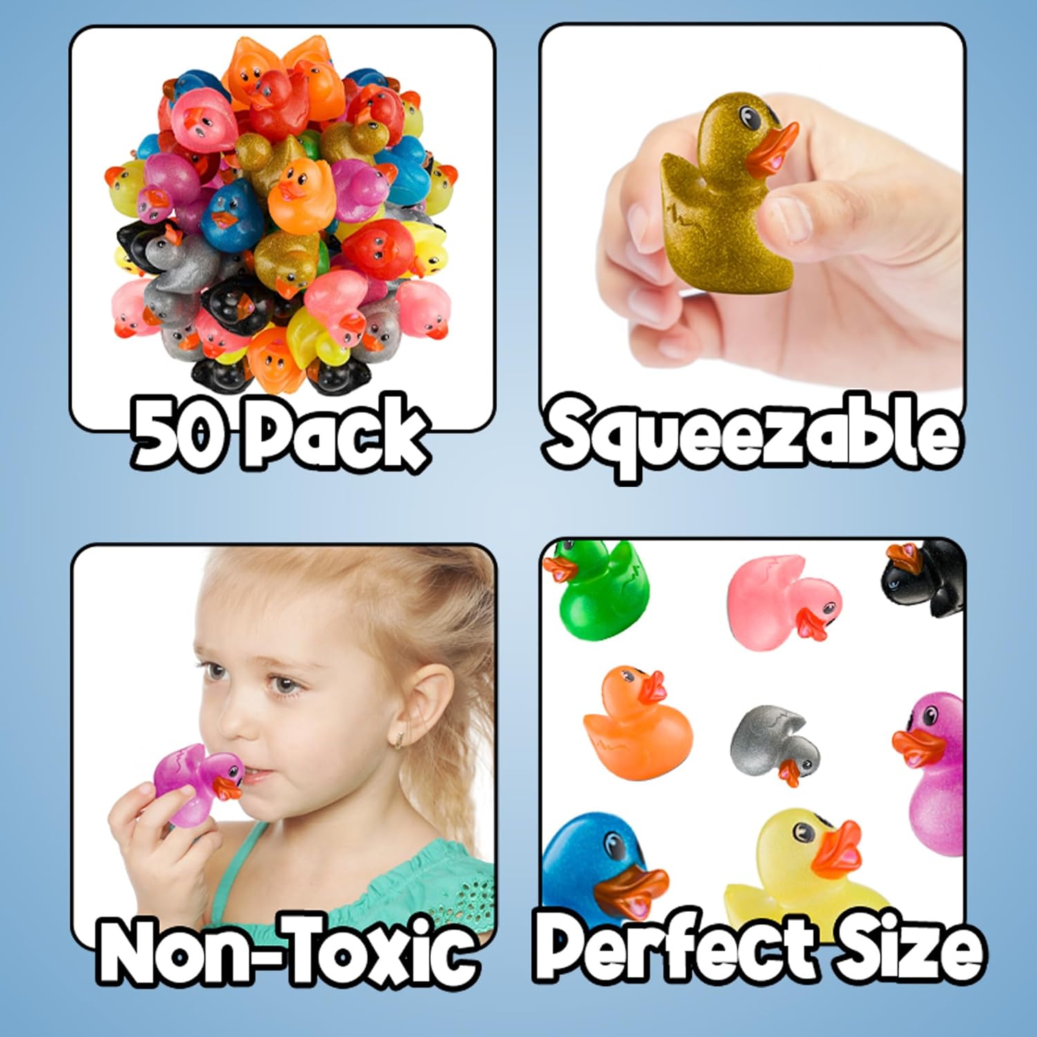 Glitter Rubber Ducks in Bulk - (Pack of 50) Assorted 2-inch Mini Duck Toys for Baby Shower Rubber Duckies, Bath Toy, Birthday Party Favors and Decoration