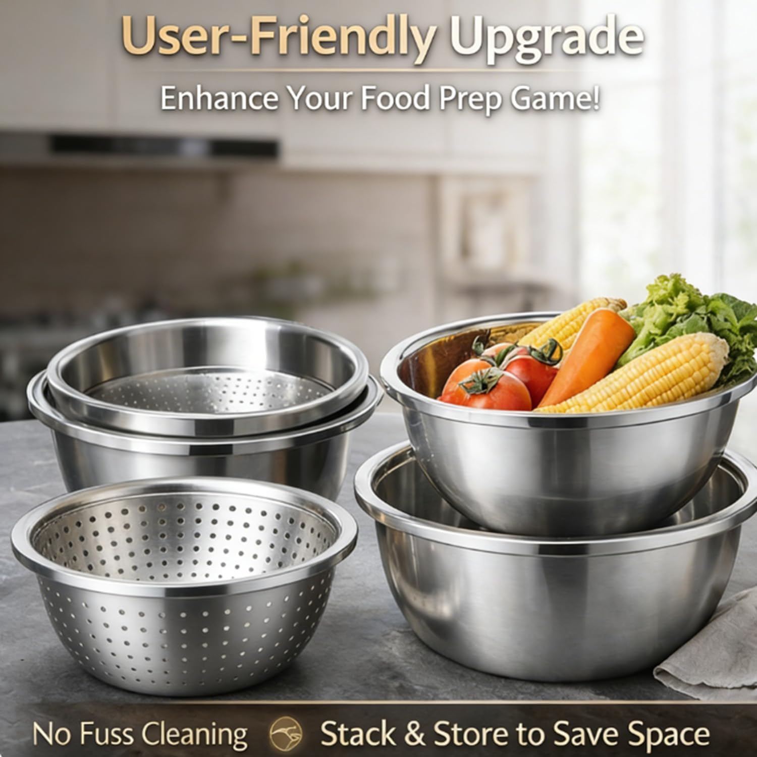 Germany Multifunctional Stainless Steel Basin, Stainless Steel Shredding & Drainage Chopping Basin, 3 In 1 Stainless Steel Basin Strainer, Kitchen Grater Set, Strainer and Drain Basket Set (11.02In)