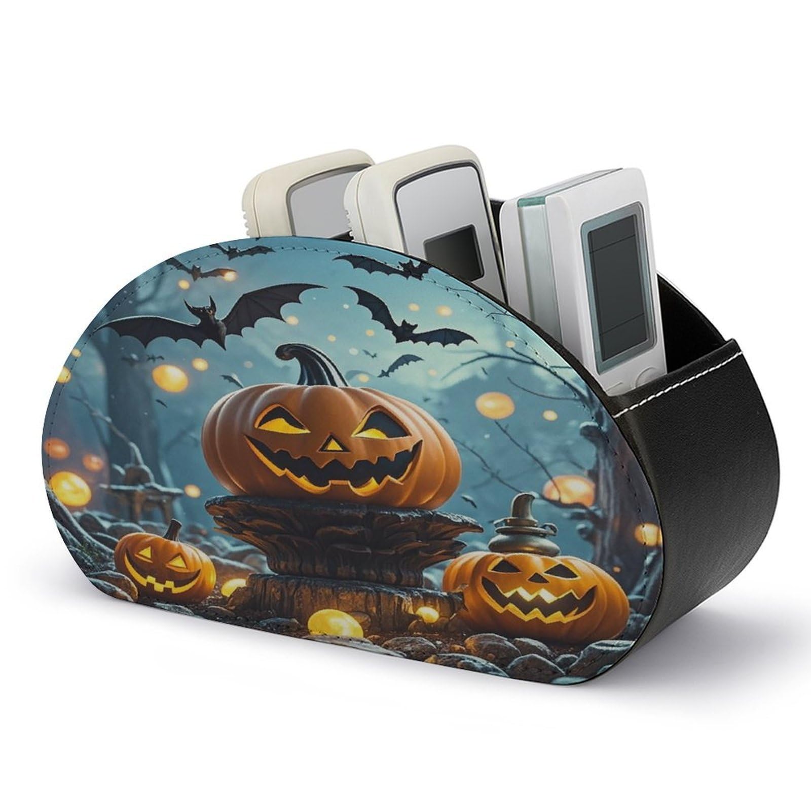 LZQPOEAS Halloween Flying Bats Remote Control Holder with 5 Compartments PU Leather Remote Organizer Box Caddy for Table Nightstand Remote Caddy Desktop Organizer Fits Media Controllers