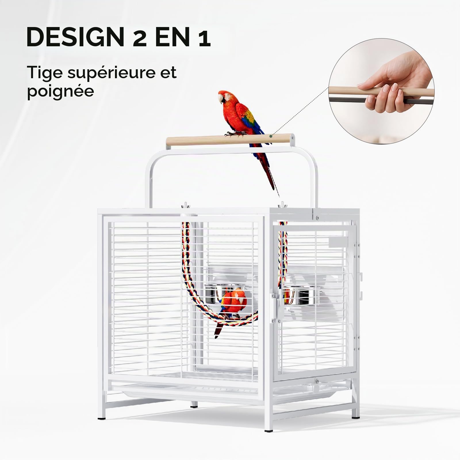 LEADZM Grande Cage à Oiseaux, Cage à perruches, nichoir avec Plateau de Nettoyage Coulissant et Verrouillage de sécurité, 65 x 48 x 37 cm Blanc