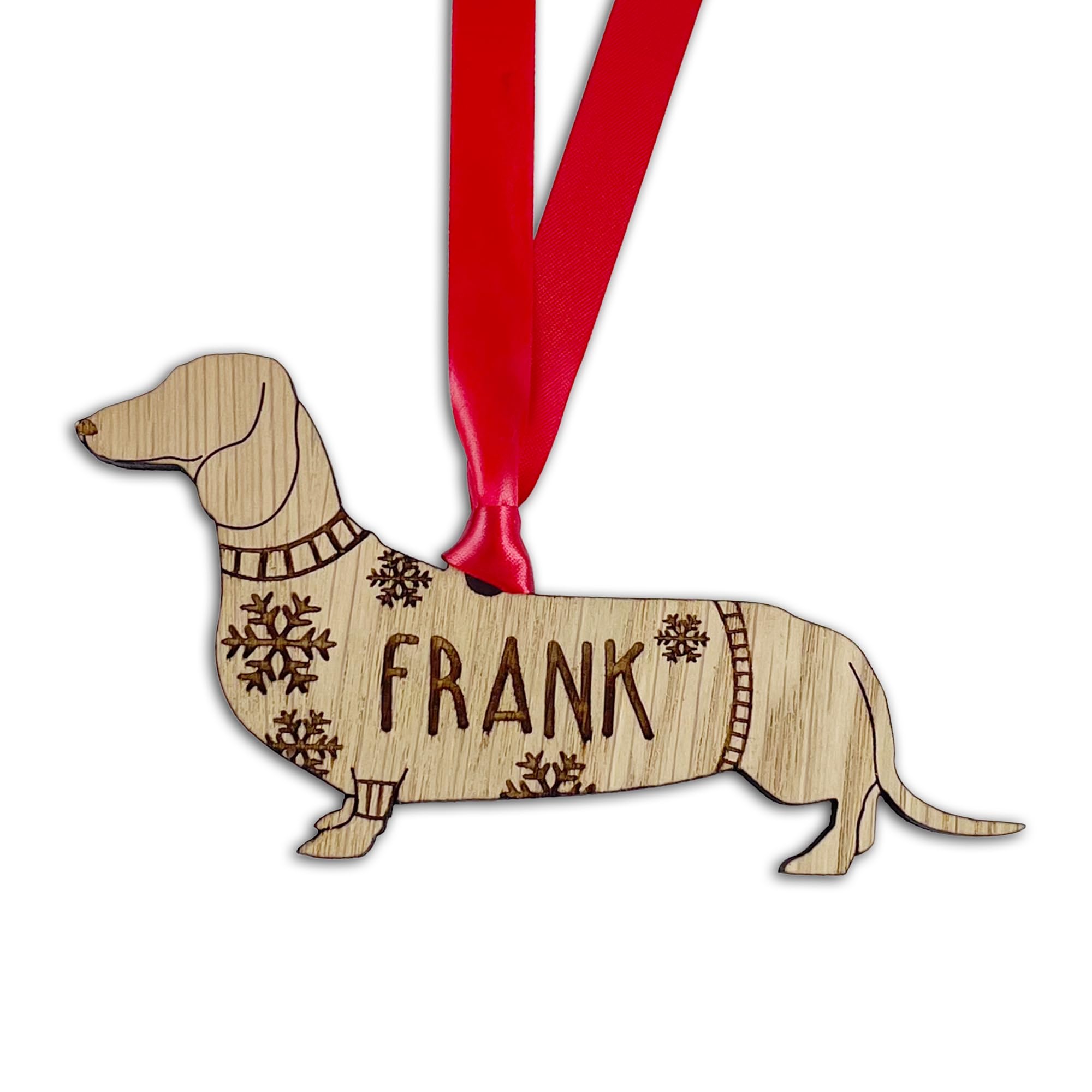 Personalised Dachshund Dog Christmas Tree Bauble, Jumper with Snowflakes Design, Oak Veneer Wood or White Wood Decoration with Red Ribbon (Oak Veneer, Decoration Only)