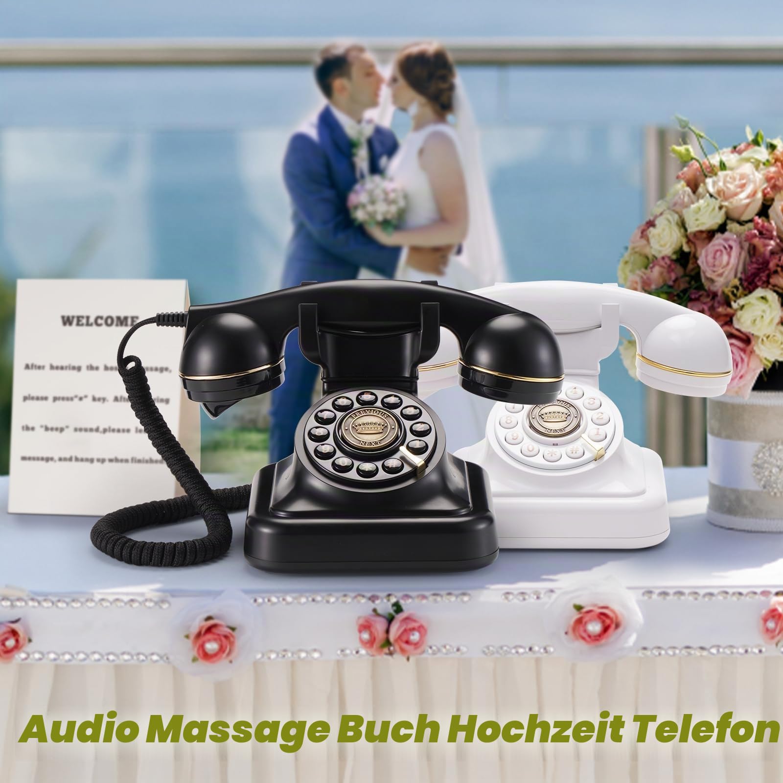 Audio-Gästebuch Hochzeitstelefon kann individuelle Audio-Gästebücher für Hochzeiten, Bankette und Partys aufnehmen und unterstützt das Abspielen von Sprachnachrichten der Gäste auf dem Gerät selbst