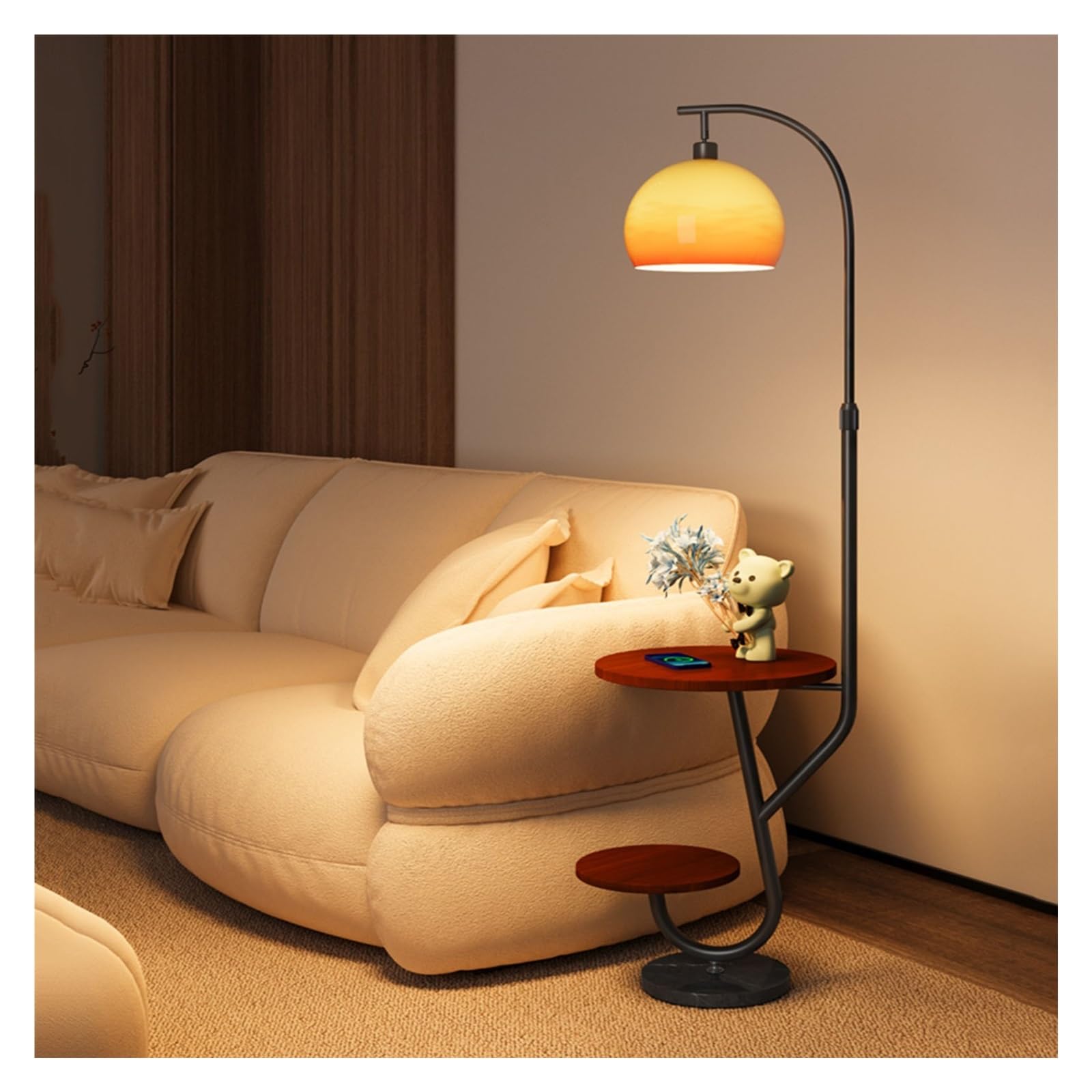Z4T8M2K6G5 Tall Standing Lamp Table & Floor Lamp Combo with Charging Port & Wireless Station Modern Living Room Shelf(Black)
