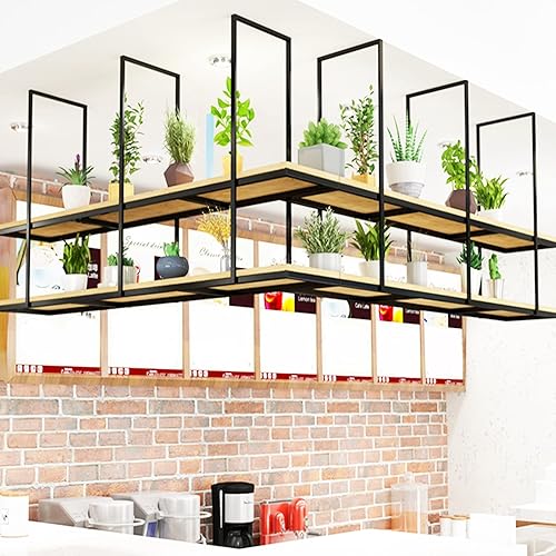 Estante colgante de hierro forjado tipo techo, organizador de almacenamiento de barra de cocina, estante de madera de 2 niveles, soporte de flores