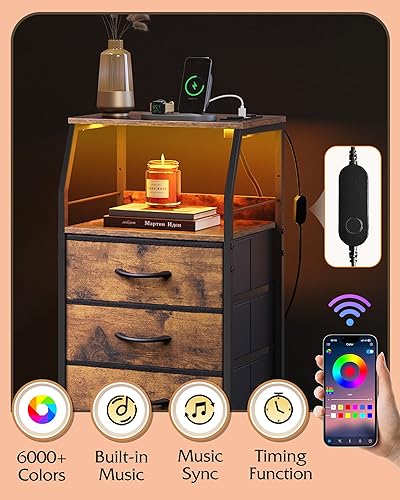 Miniatura 4 de WLIVE Mesita de noche LED con estación de carga, cómoda de tela con 5 cajones para dormitorio, mesita de noche alta con estantes abiertos, mesas