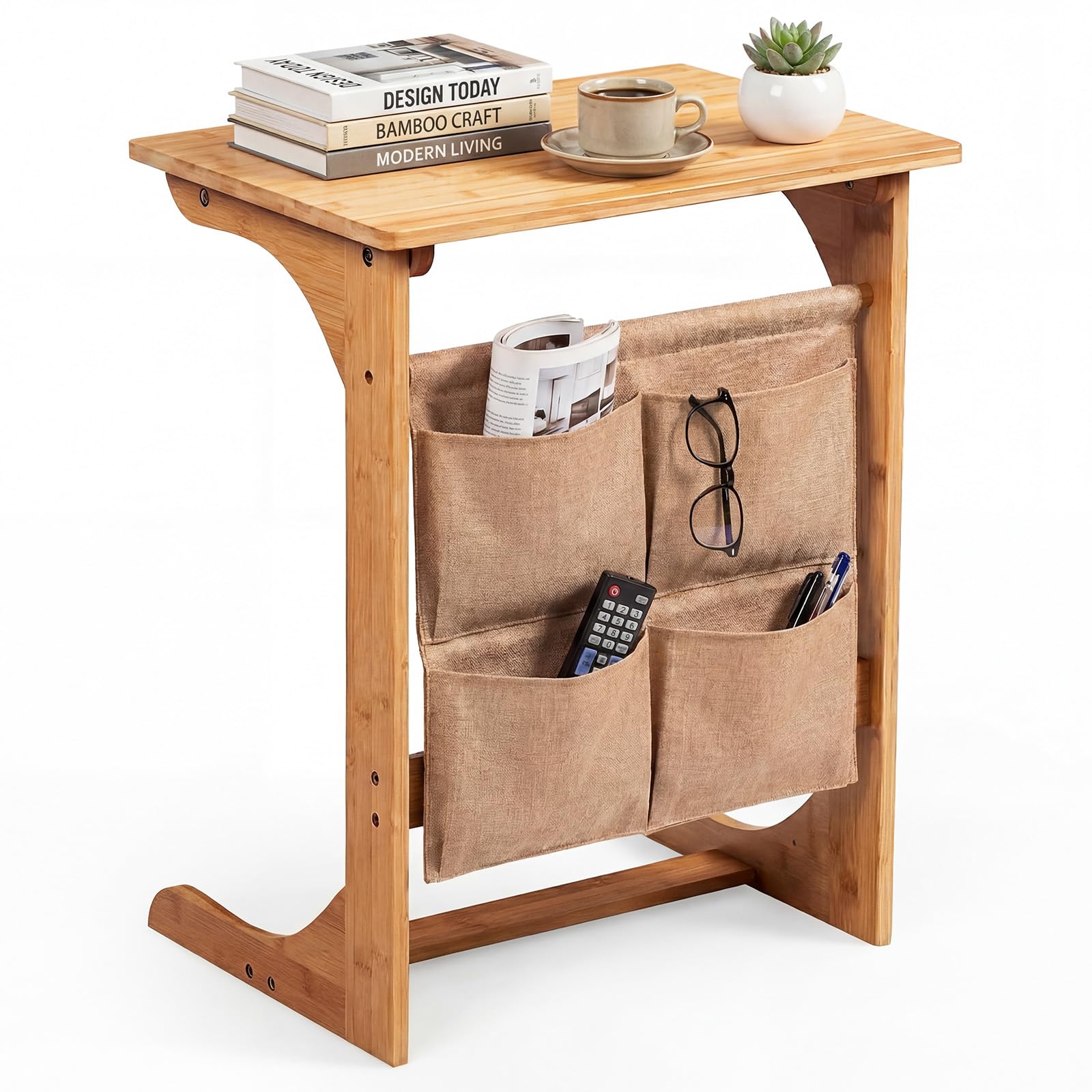 COSTWAY Bamboo Side Table, C-Shaped Sofa End Table Nightstand with Storage Bags, Compact Bedside Table Accent Tea Coffee Snack Table for Small Space Living Room Bedroom, Natural
