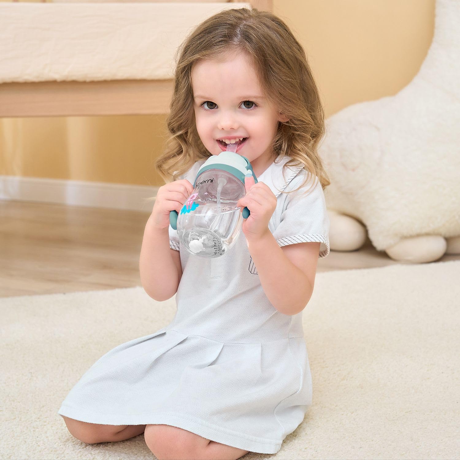 Toddler Sippy Cup, Tritan Baby Water Bottle With Non-Spill Valve Spout, Removable Handle and Carry Strap, 270ml/12m+/Blue/Pack of 3