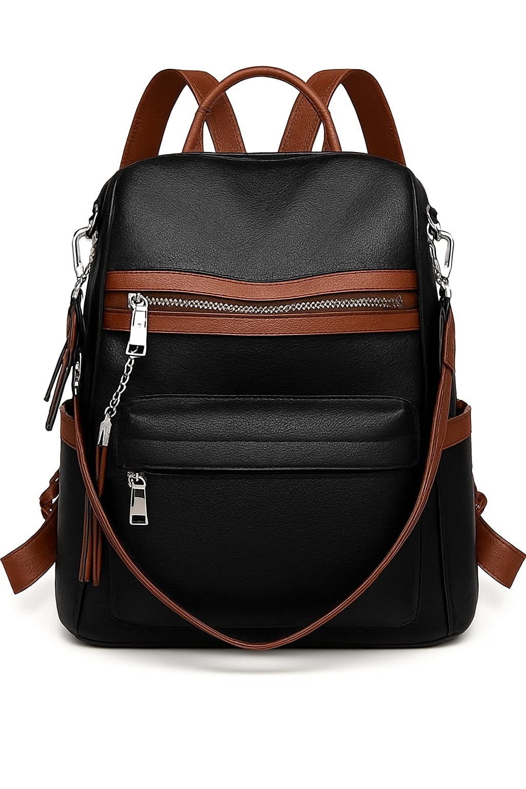 craftwood Women's Faux Leather Backpack, White and Tan, Multi-Pocket Design with Tassel Detail, Convertible Shoulder Straps-picture-34