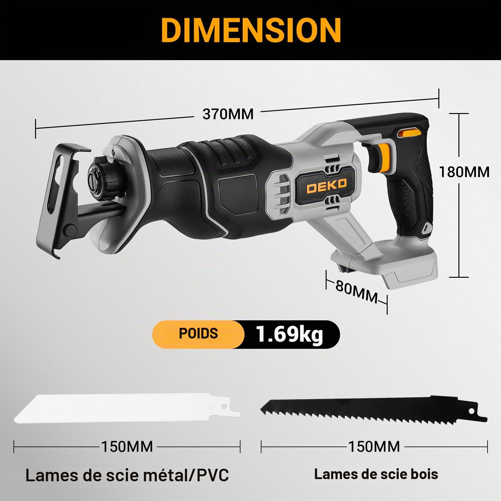 Scie Sabre Sans Fil: DEKOPRO 20V Scie Sabre - Changement de Lame Sans Outil, avec 2x2Ah Batterie, Vitesse Variable 3200 SPM, Course 20mm, LED - Scie Electrique Bois pour Métal/PVC/Jardin