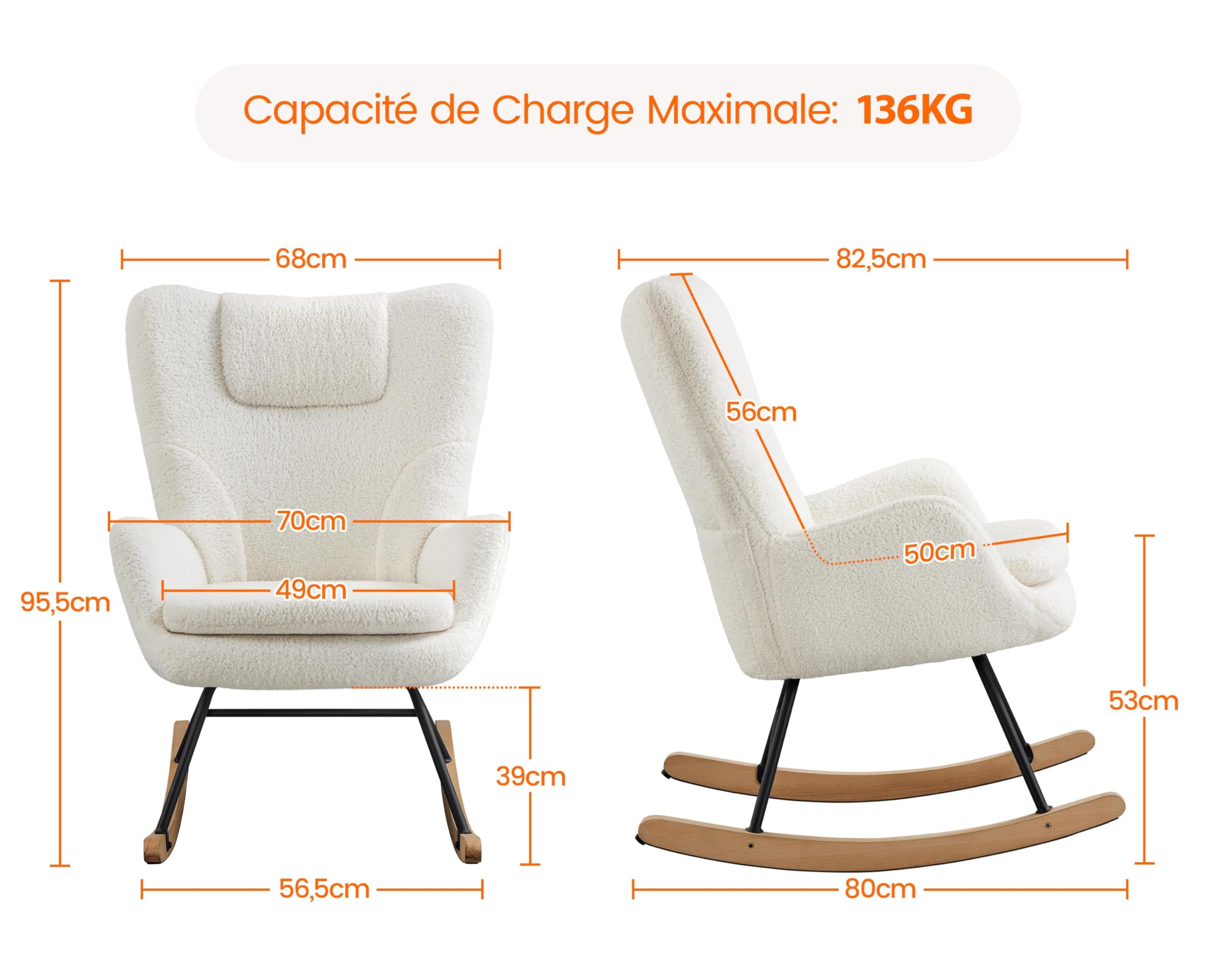 Yaheetech Fauteuil à Bascule Scandinave en Tissu Bouclé Rocking Chair à Haut Dossier Fauteuil Allaitement avec Pieds en Bois Massif Chaise d'appoint pour Salon Chambre Appartement Ivoire/1