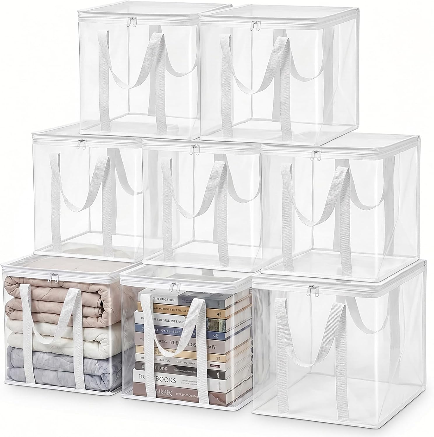 8 Pack Clear Zippered Storage Bags with Handles, 12x12x12 Inch Heavy Duty Moving Tote – Durable Plastic Storage Bins for Clothes, Linens, Shoes, Sheets, and Closet Organizer