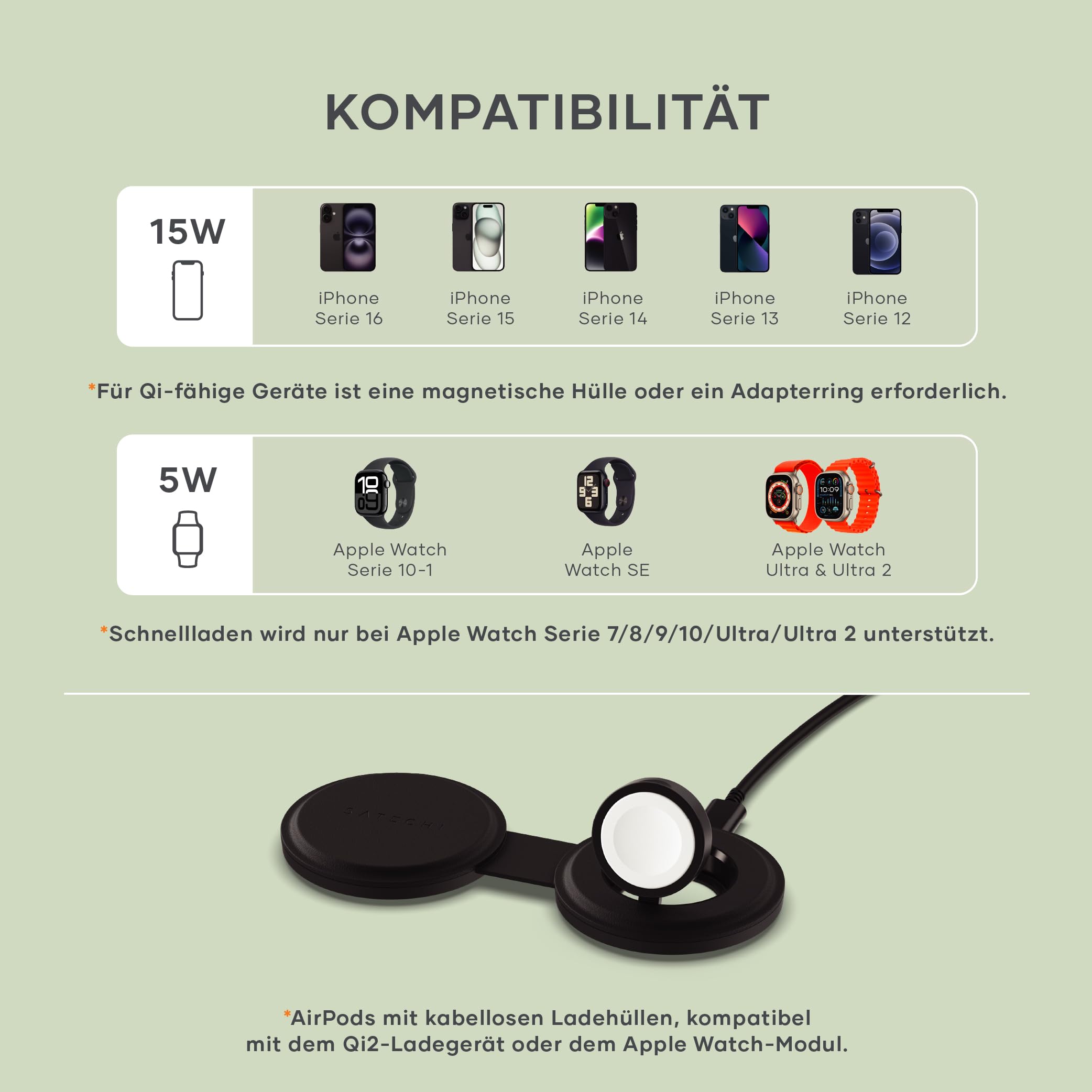 SATECHI OntheGo™ faltbares 2-in-1 Qi2 Ladegerät, 15 W, Schwarz | Kabelloses Reiseladegerät für iPhone 12–17 & Apple Watch, 15 W/5 W, 𝗼𝗵𝗻𝗲 𝗡𝗲𝘁𝘇𝘁𝗲𝗶𝗹 – 𝗺𝗶𝗻. 𝟯𝟬 𝗪