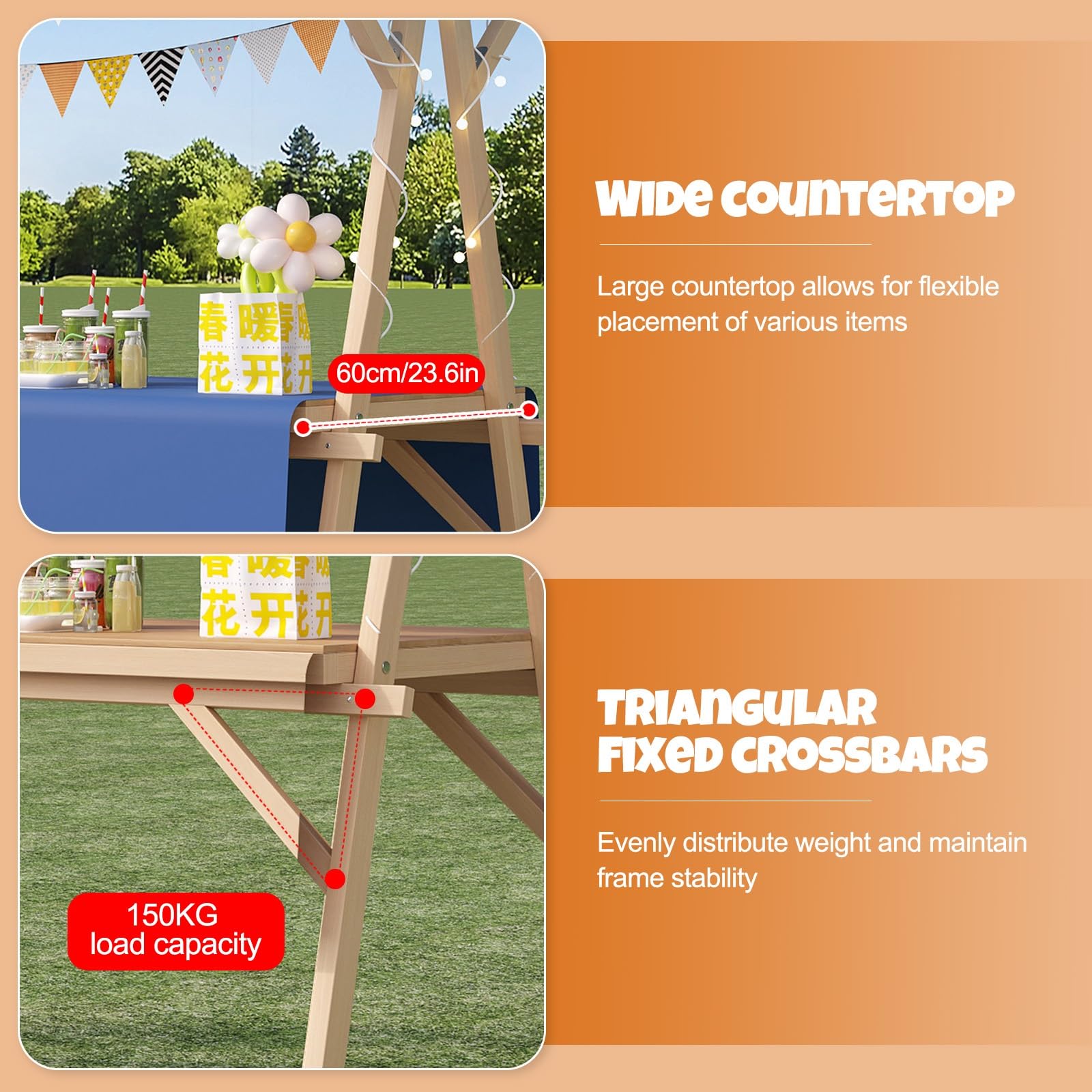 HARELA Marktstand Imbisswagen Marktstand-Display Aus Holz, Verkaufsstandwagen, Süßigkeiten/Eis-Verkaufsstand mit Markise, Faltbare Bauernmarktstände for Straßen/Bauernmärkte(Orange A,120cm/47.2in)