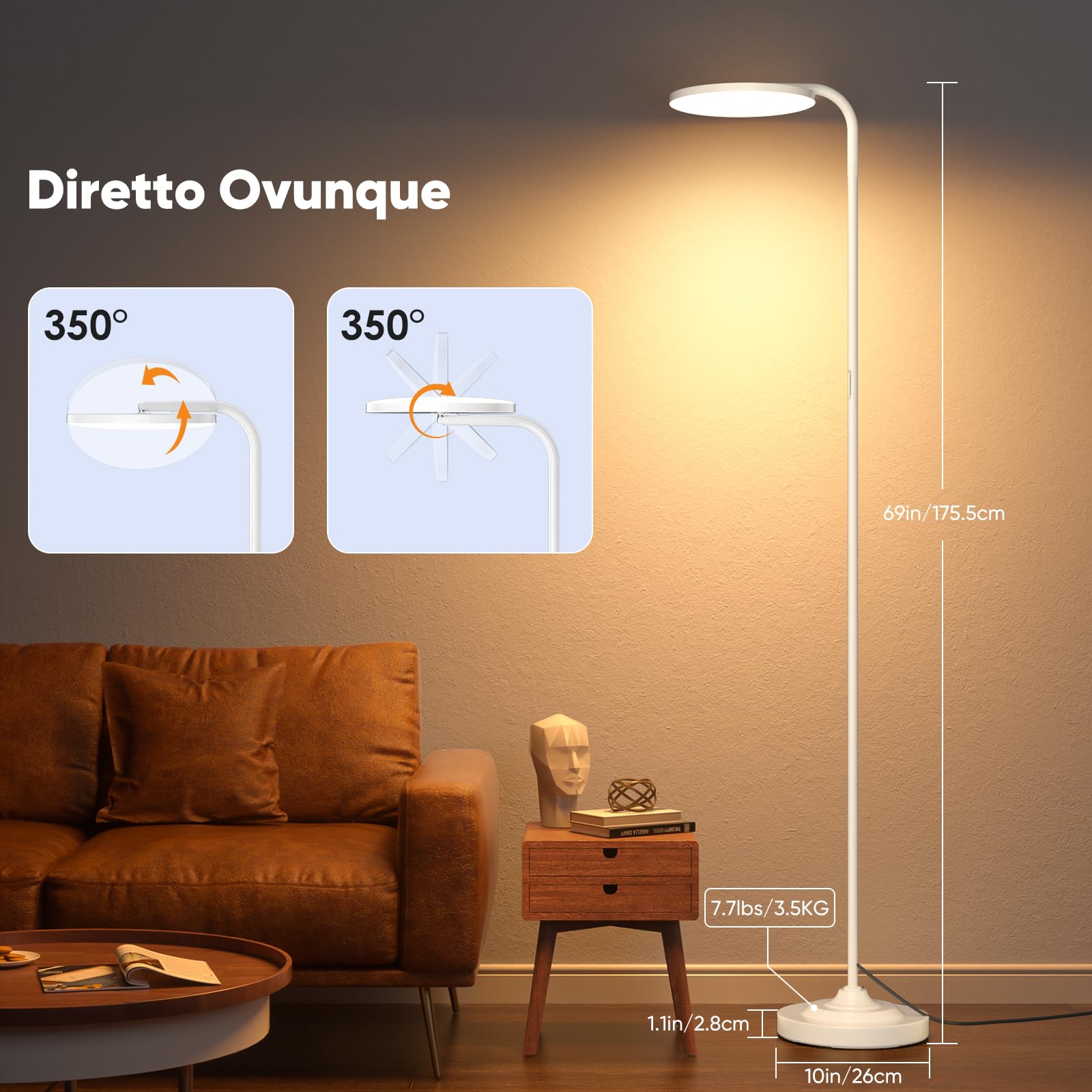 SIBRILLE Lampada da Terra Salotto, 36 W Super Luminosa, Moderna Piantana LED Dimmerabile con Telecomando, 2400LM 3000K-6000K Lampada da Lettura per Soggiorno, Camera da Letto, Ufficio, Bianco