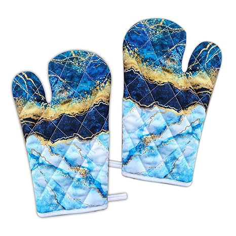 Heat Resistant Kitchen Oven Mitts, Set of 2 Flexible BBQ Gloves-Oven Mitts with Hanging Loop for Cooking Baking Grilling Barbecue - Blue Marble