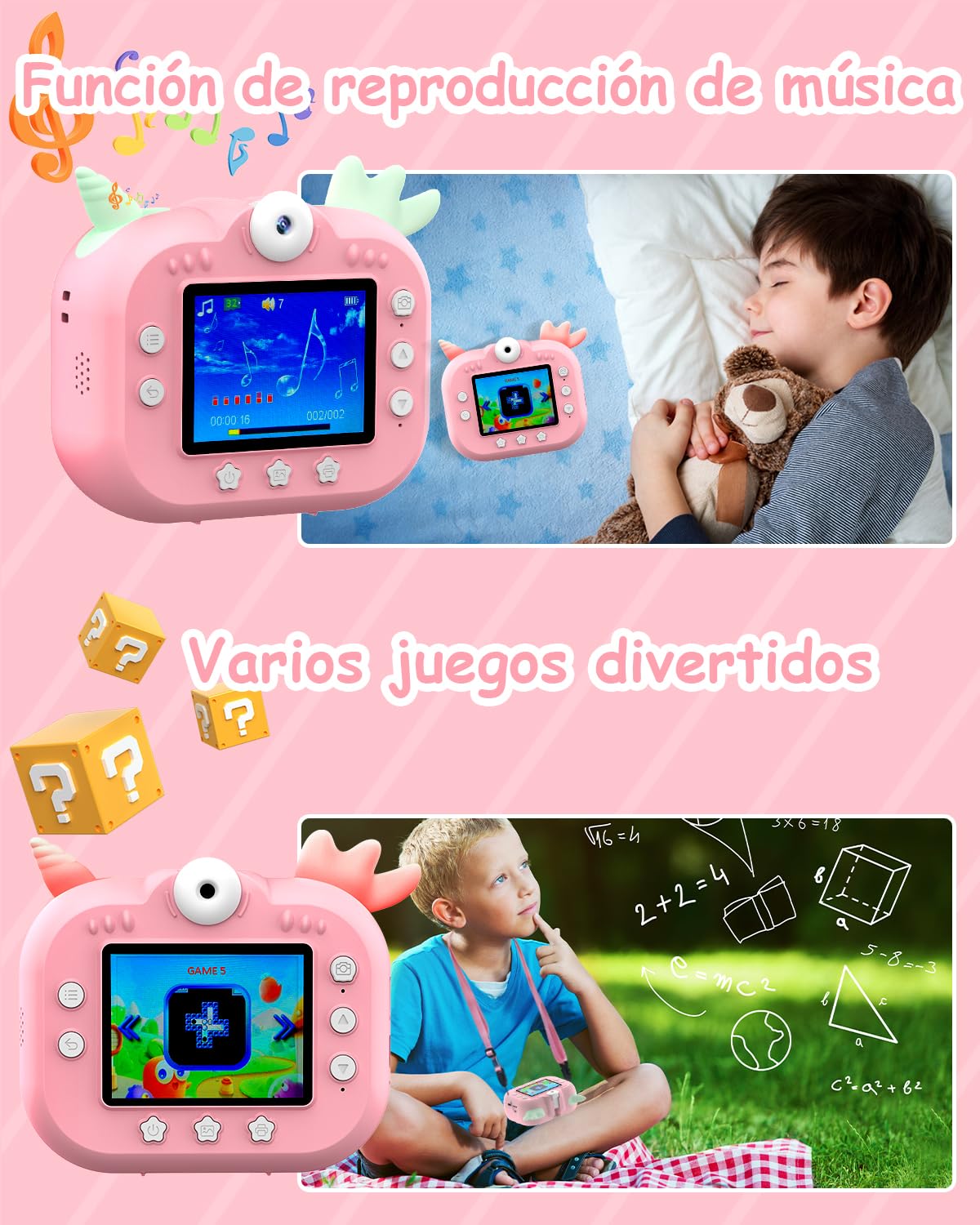 Robofun Appareil Photo Enfant Instantané, 2.4" 1080P HD Appareil Photo Instantané Numérique avec 5 Rouleaux de Papier à Imprimer, 48MP/180° Double Objectif, Cadeau pour Filles Garçons 3-12 Ans(Rose)