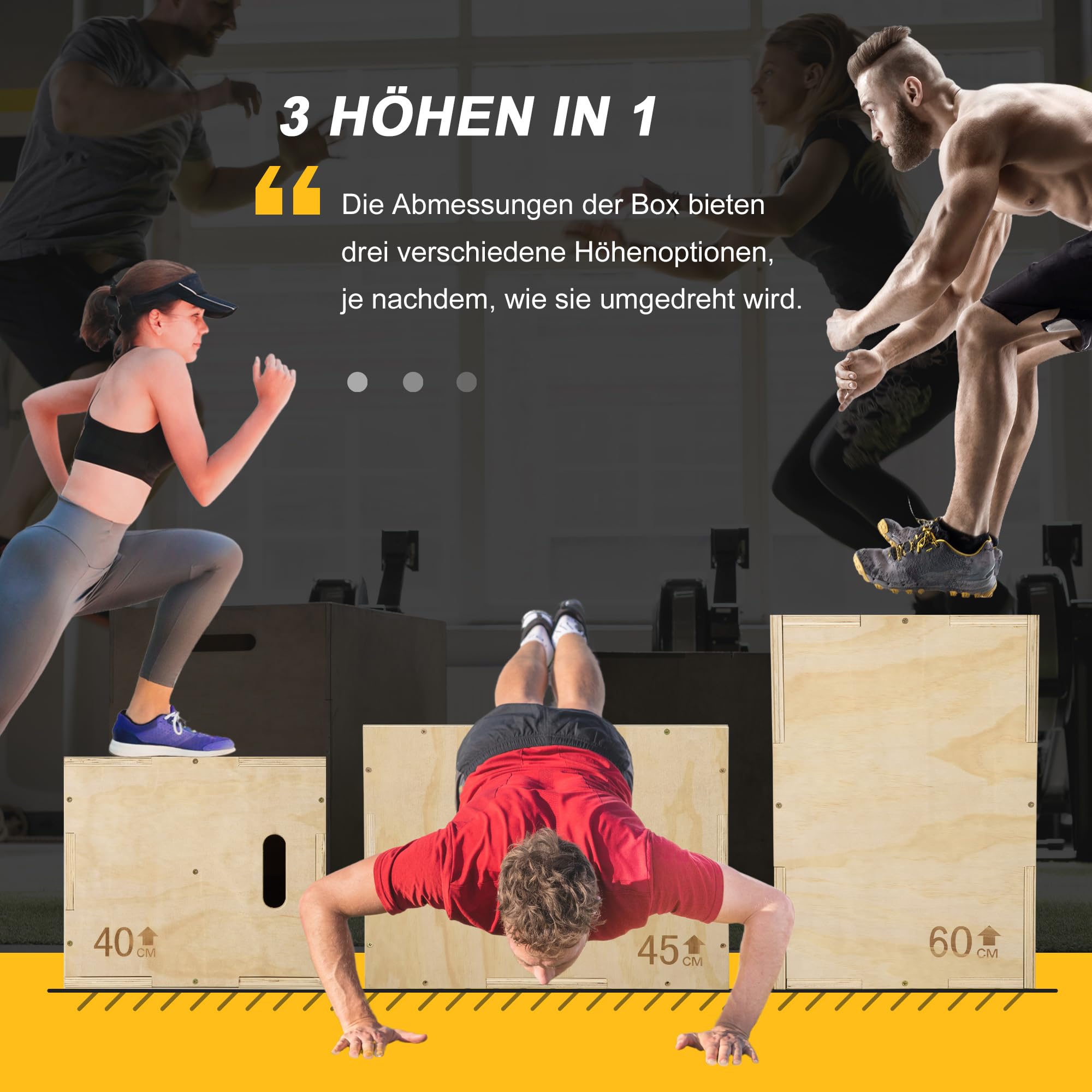 HOMCOM 3-in-1 Plyo Box Holz Plyometrische Sprungbox mit 3 Sprunghöhen Griffen Step-Up Jumping Box Plyometric Platform Fitnessgerät für Plyometrisches Training Workout Fitnessstudio