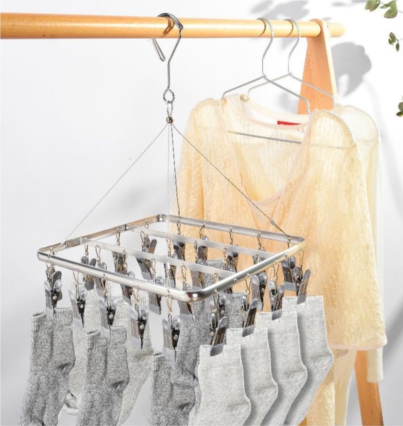 Perchas Ropa Tendederos De Ropa con Pinzas Metálicas, Ganchos Resistentes Al Viento For Calcetines Percha Antideslizantes