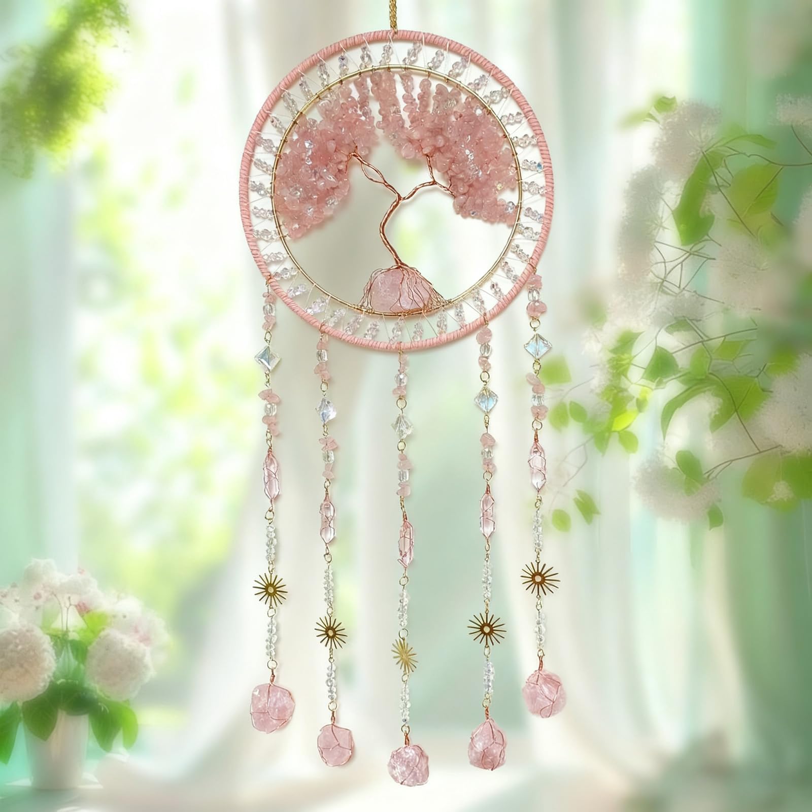 Kristall Baum des Lebens Traumfänger mit Stein Anhänger Rosa Traumfänger Wanddekoration Handgemachte Traumfänger Wandbehang Ornament für Schlafzimmer Wohnzimmer Wohnkultur