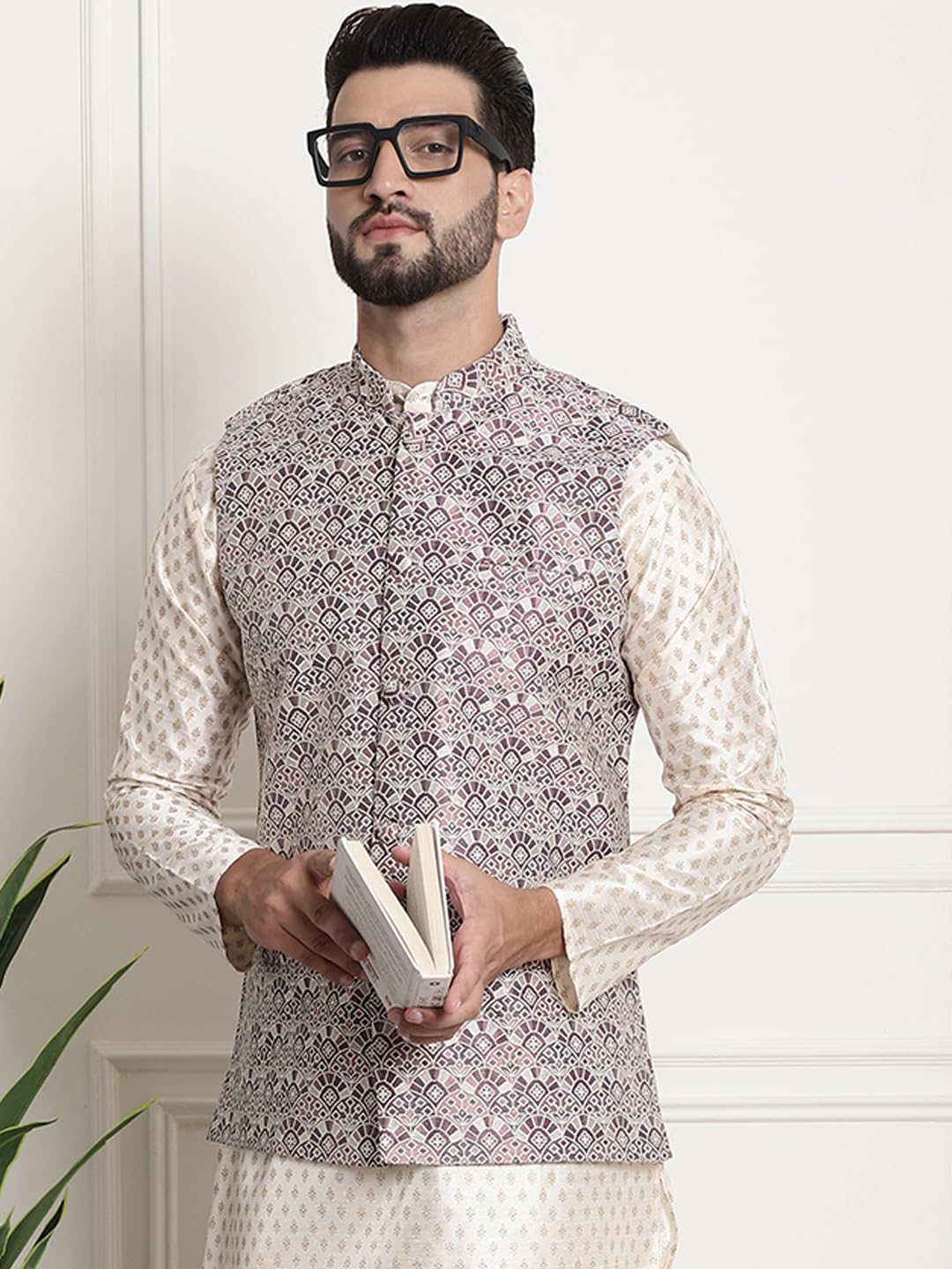 Sojanya (Since 1958 Men's Jacquard Silk, Wine Color Nehru Jacket