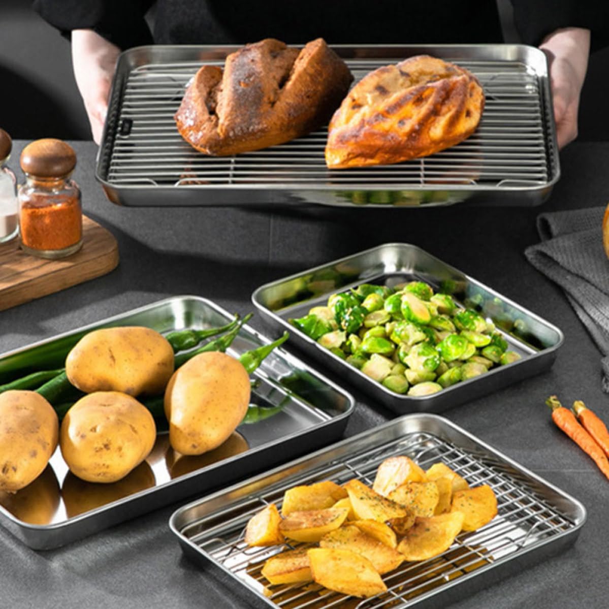 2juegos Bandeja de Horno Acero Inoxidable con Rejilla de Enfriamiento Unidades Diferentes para Hornear Galletas Pizza Carne Apta para Horno Hogar