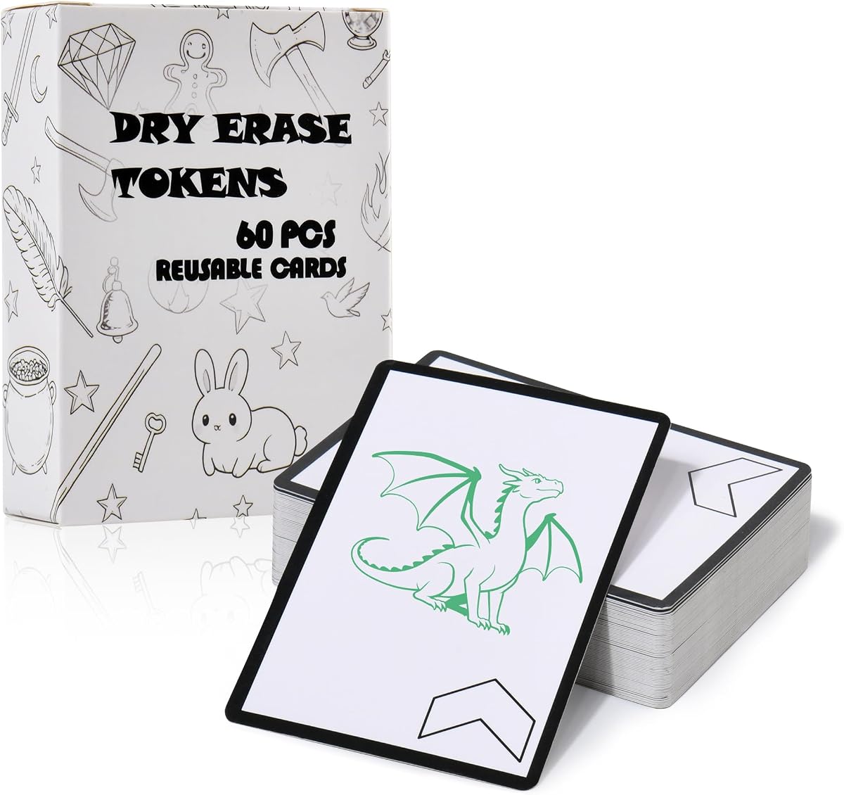 Juego de 60 fichas de borrado en seco MTG, tarjetas en blanco reutilizables de doble cara | Escriba, reproduzca, borre y reutilice ambos lados para fichas MTG personalizadas, fichas de criatura, contadores, proxies y seguimiento de juegos de mesa.