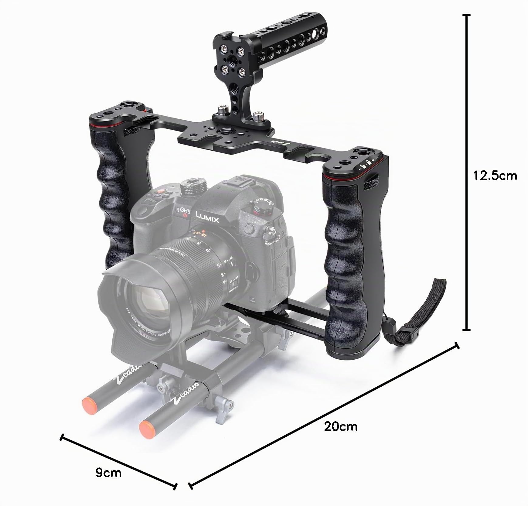Zeadio Gabbia universale per fotocamera, rig stabilizzatore video a doppia impugnatura con maniglia superiore, 6 attacchi cold shoe, per filmmaking e vlogging YouTube ecc
