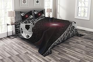 Ambesonne Teen Room Bedspread, Soccer Balls Goal Match Success Concept in The Outer Space Winner Glory Theme, Decorative Quilted 3 Piece Coverlet Set with 2 Pillow Shams, Queen Size, Black Magenta