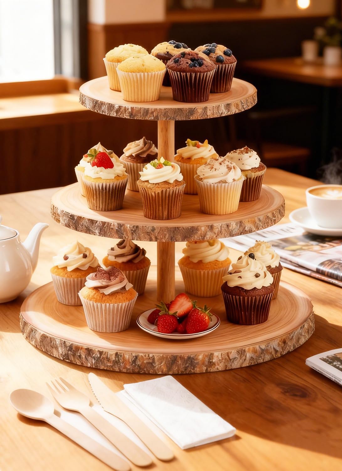 Cupcake Stand 3 Tier for Parties and Weddings, Rustic Wood Dessert Display Tower, Sturdy Cupcake Holder for Birthday, Baby Shower, Holiday, Easy to Assemble & Store 10 Sets Wooden Utensils