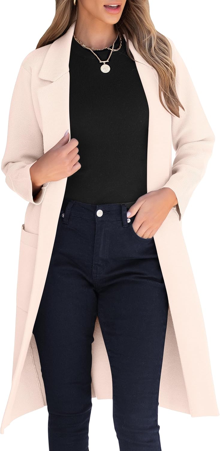 ANRABESS Womens Cardigan Sweater 2025 Fall Outfits Knitted Lapel Long Coats Coatigans Apricot Small