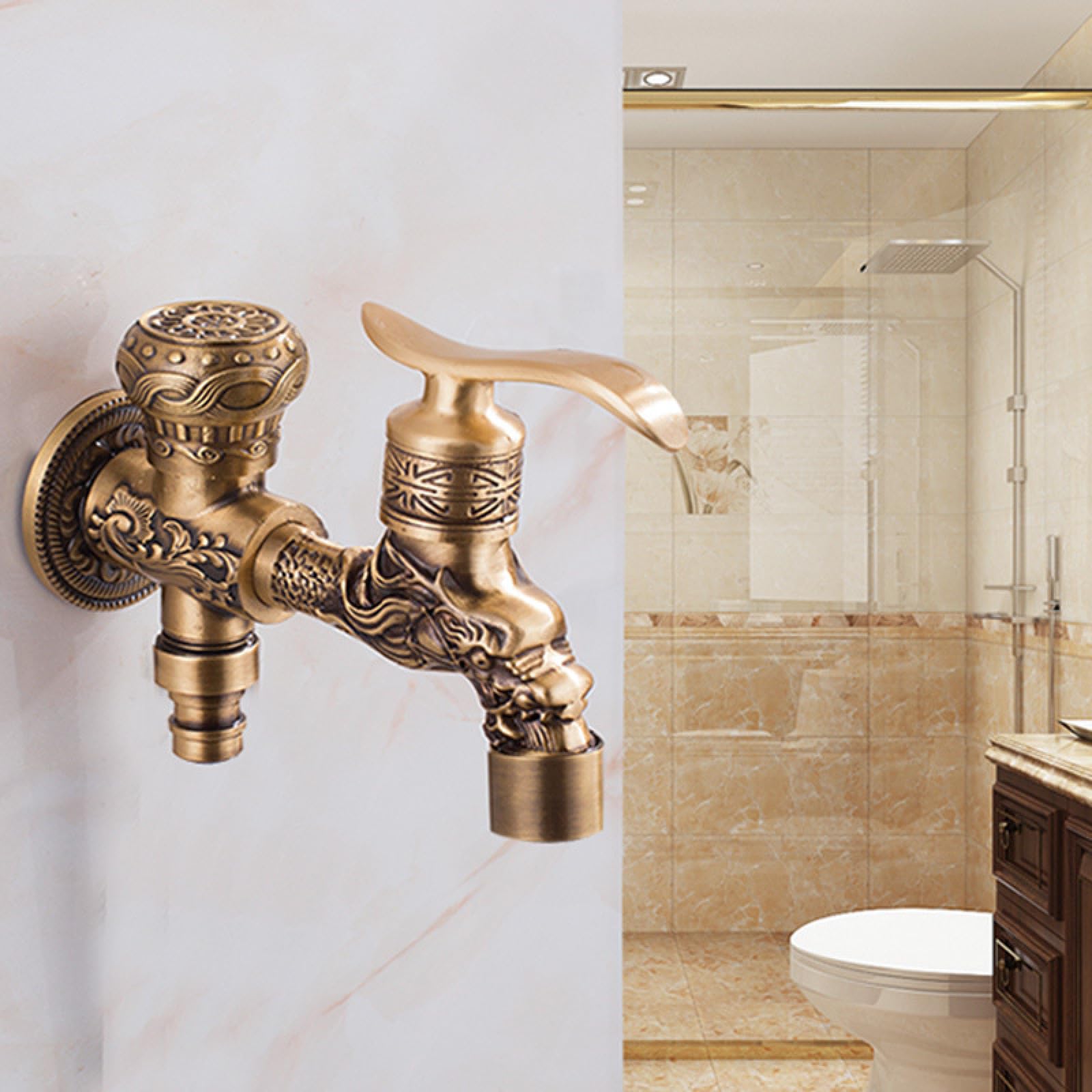 XYNSNDB Grifo para Lavadora en frío de Cobre Completo Antiguo de Estilo Europeo para balcón al Aire Libre, Grifo para Piscina con fregona de 4 Puntos montado en la Pared con Boquilla Brillante de 6