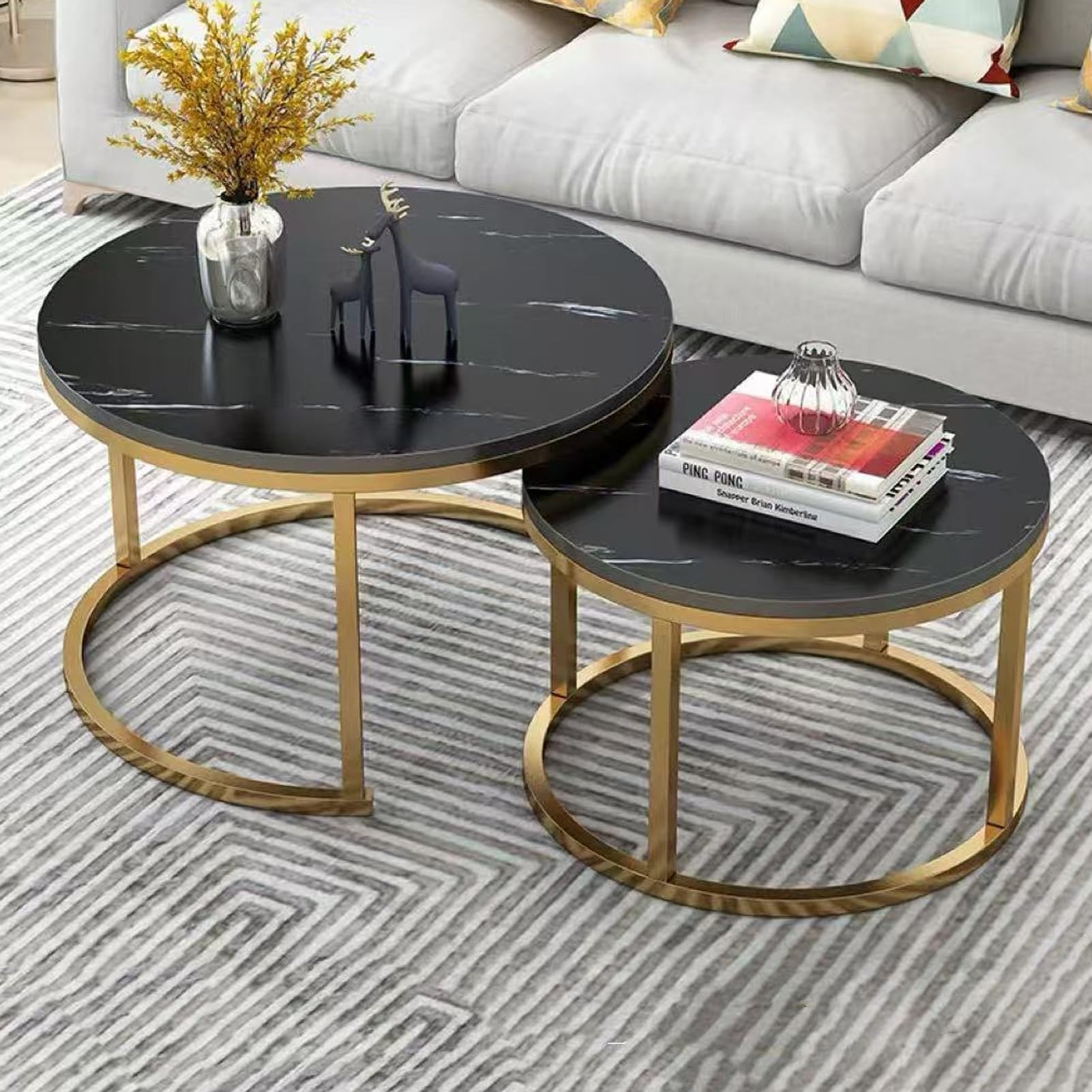 Nowoczesne stoliki kawowe ze sztucznego marmuru zestaw 2 stylowych końcówek do małych przestrzeni idealny salon sypialnia lub balkon 58 cm x 58 cm x 35 cm i 79 cm x 79 cm x 43 cm