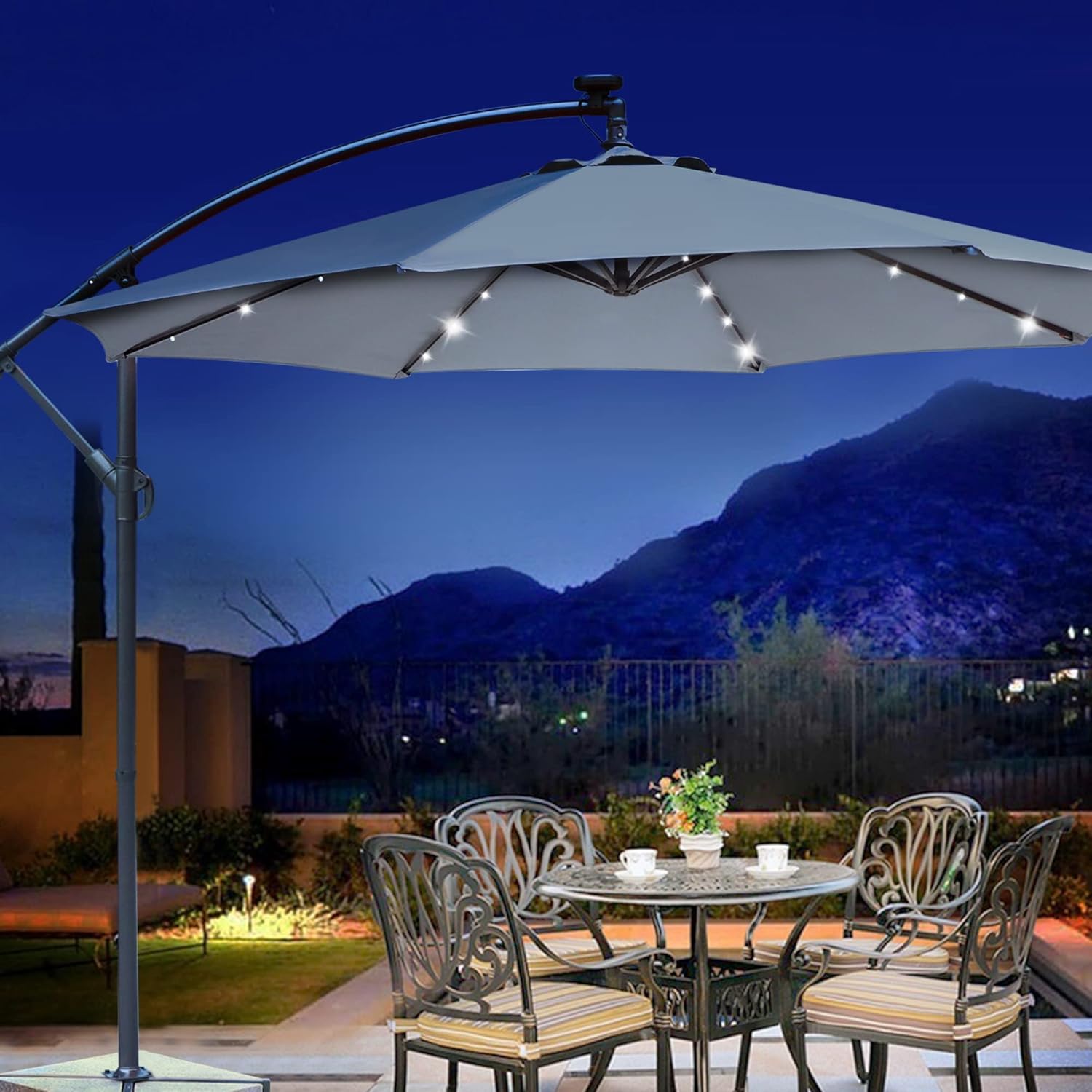 Blissun 10 ft Offset Umbrella with 32 Solar LED Lights, Solar Umbrella Hanging Lighted Patio Market Umbrella for Garden, Backyard, Patio, Pool, Dark Grey