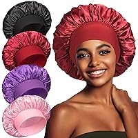 Vista 9 de vidsel 4 gorros de satén para mujer, gorro de seda para dormir, gorra de dormir de banda ancha para trenzas de cabello rizado
