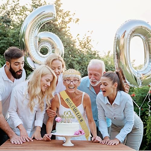 Miniatura 6 de Decoraciones de cumpleaños número 60 para mujer, banda, corona, vela de cumpleaños y globo de aluminio digital de 32 pulgadas, decoración de pastel