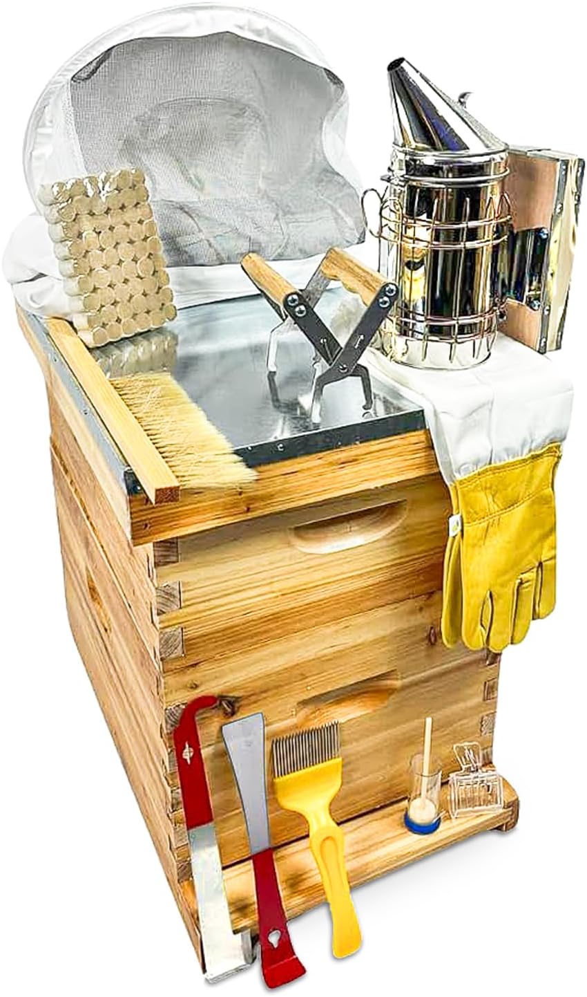 Bee Hive Starter Kit | Premium Beekeeping Full Set Up | 16 Frame Beeswax Coated Beehive, bee smoker, bee suit & standard beekeeping equipment. Bee Keeping Gifts |