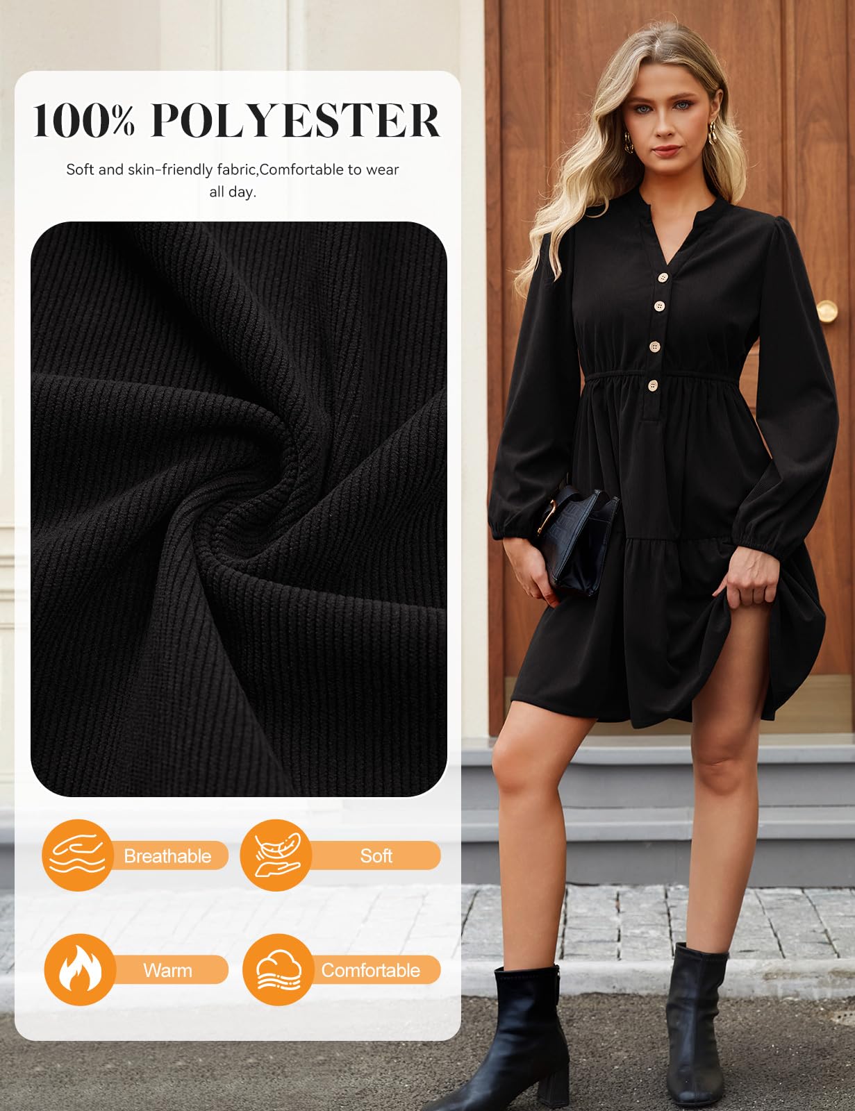 Robe Manche Longue Femme Robe Col V Chic et Elegant pour Automne Hiver