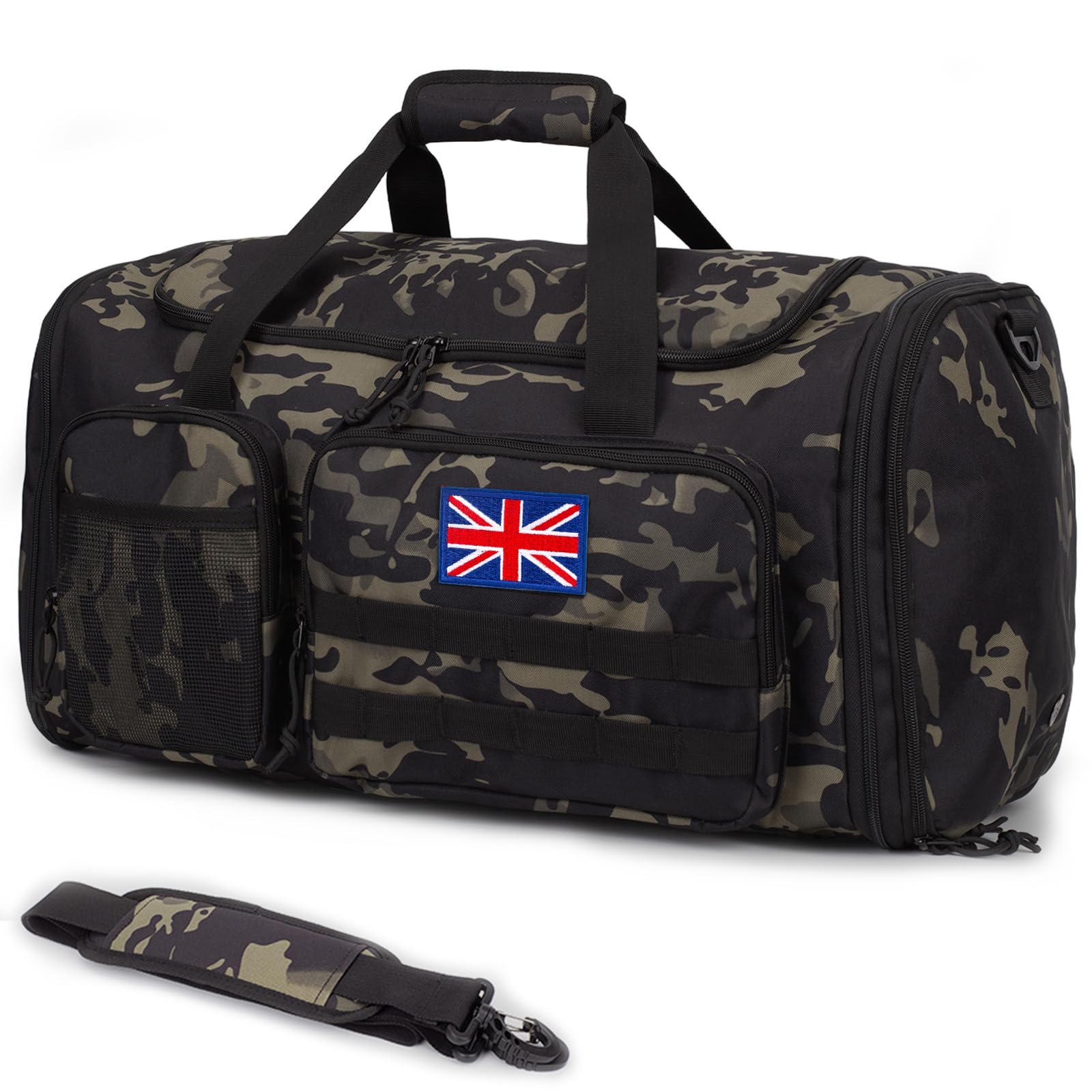 Tactical Duffle Bag for Men, 52L Large Expandable Gym Holdall with Wet Pocket, Multi-Functional Carry On Weekend Overnight Bag for Travel